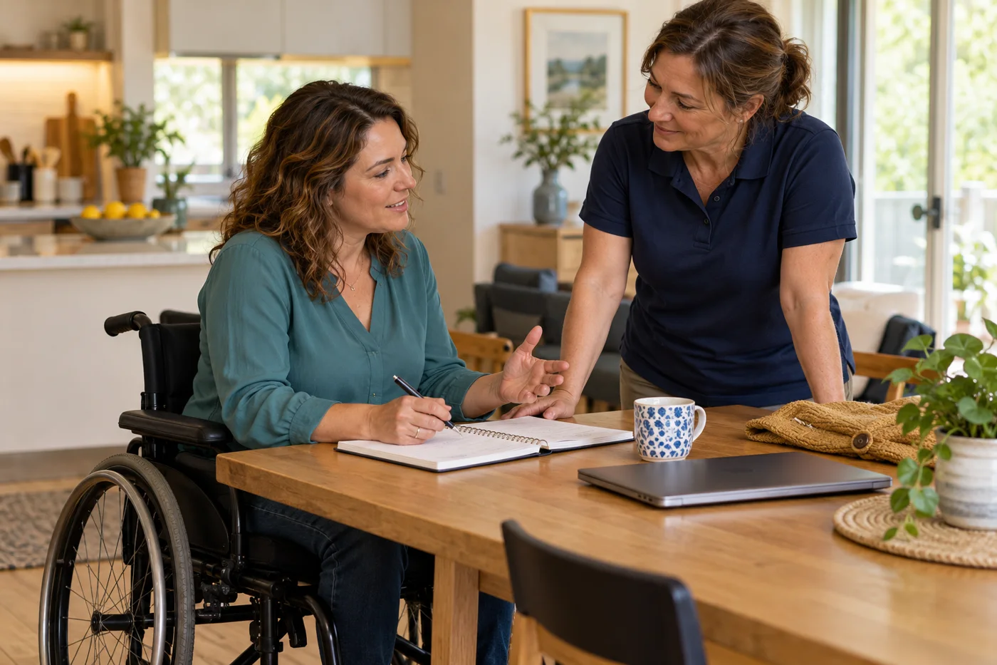 An adult wheelchair user planning her day with a home-care aide at home