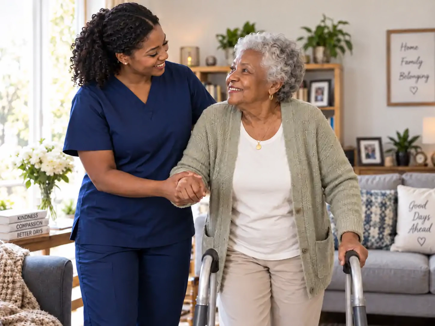A caregiver helping an older woman using a walker at home